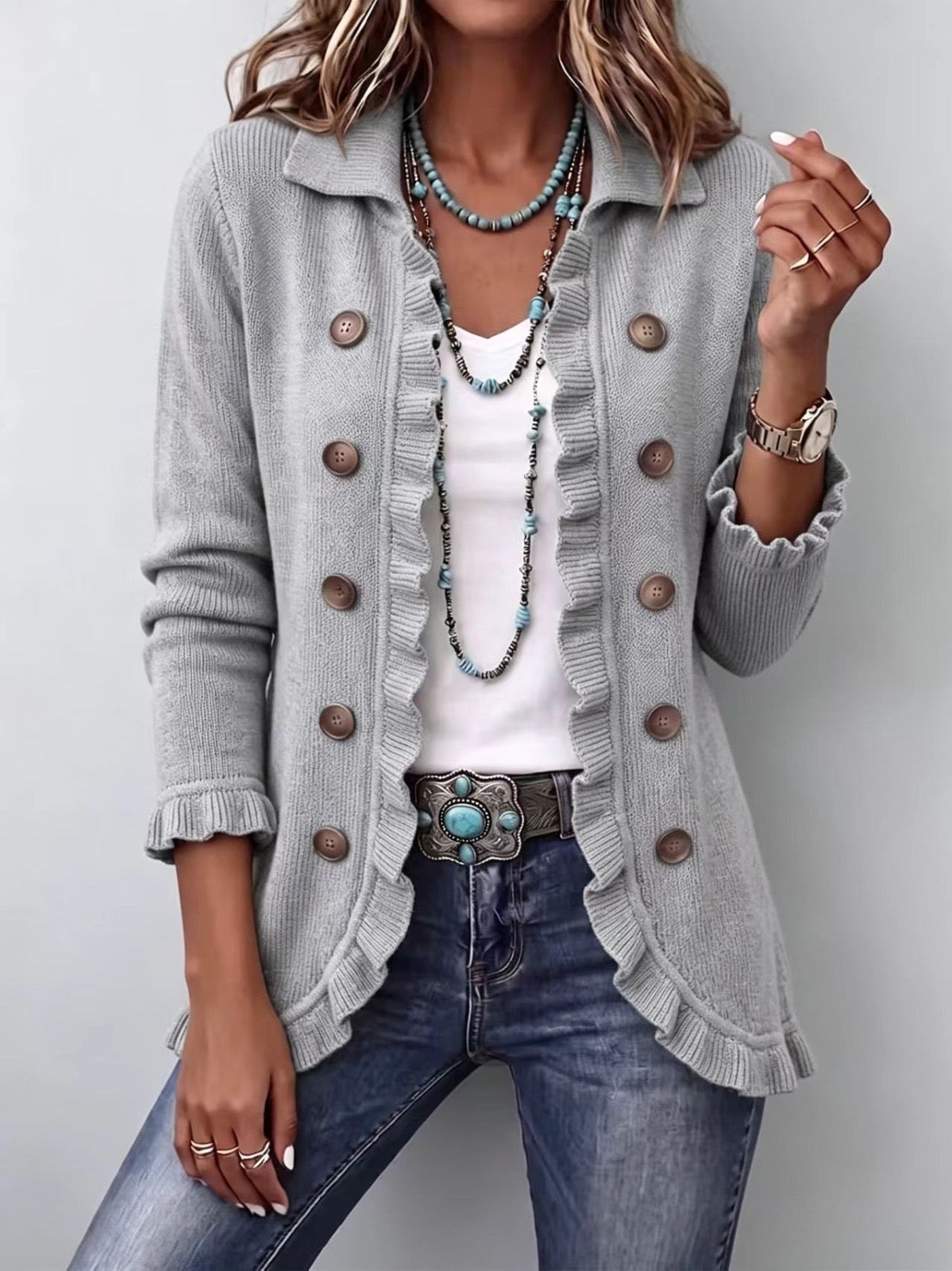 Teodora - Chaqueta de Canalé Gris Jaspeado con Volantes