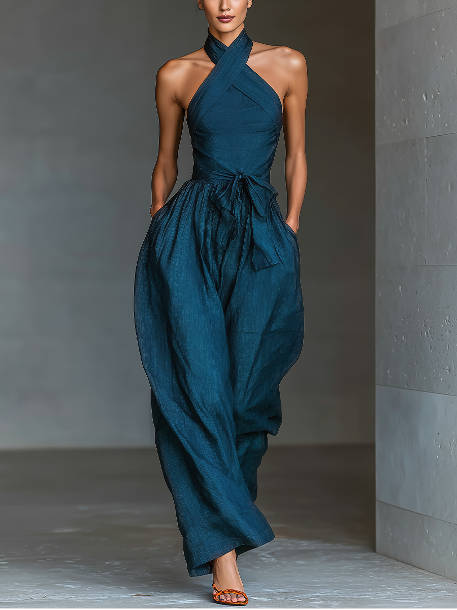 Alghero - Mono de Lino con Cuello Halter Cruzado y Pierna Ancha