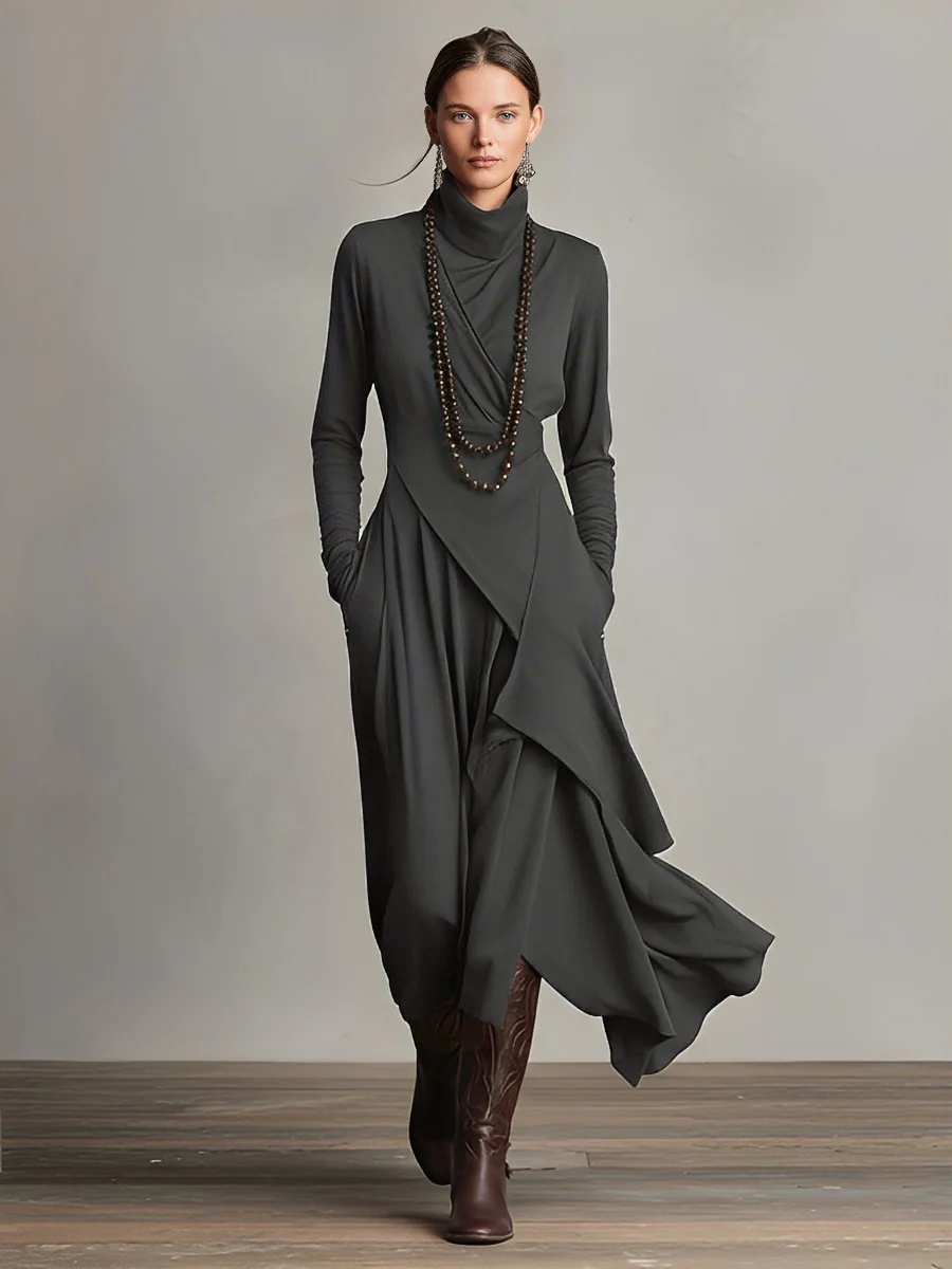 Scanno - Vestido Maxi Bohemio de Cuello Alto con Drapeado Asimétrico