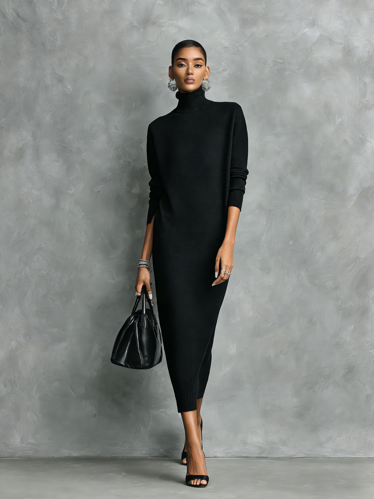 Chiavenna - Vestido Midi de Punto con Cuello Alto y Manga Larga
