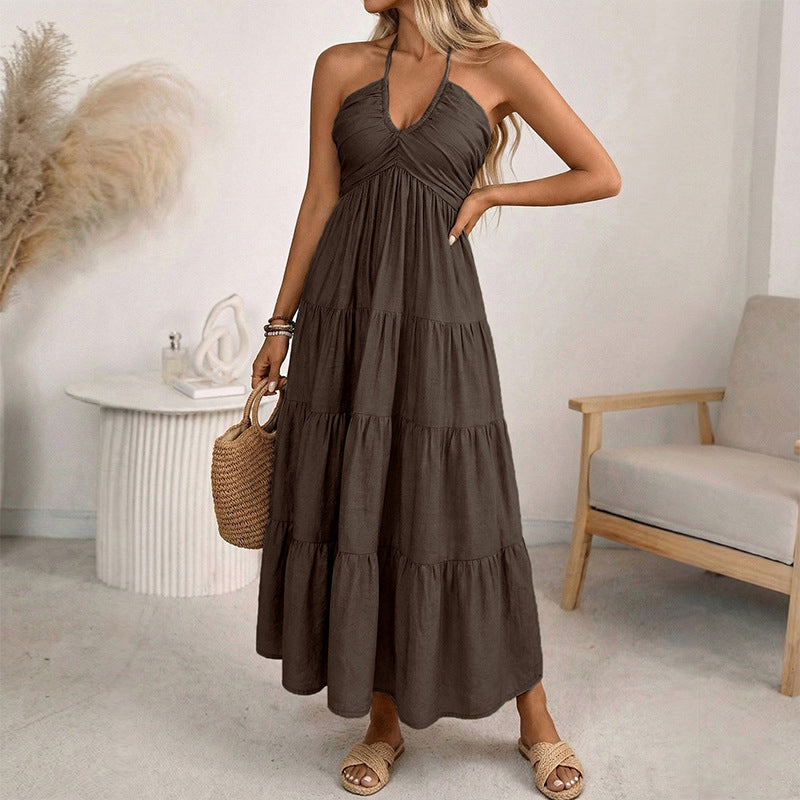 Vendetta -  Vestido largo con volantes, espalda descubierta y cuello halter