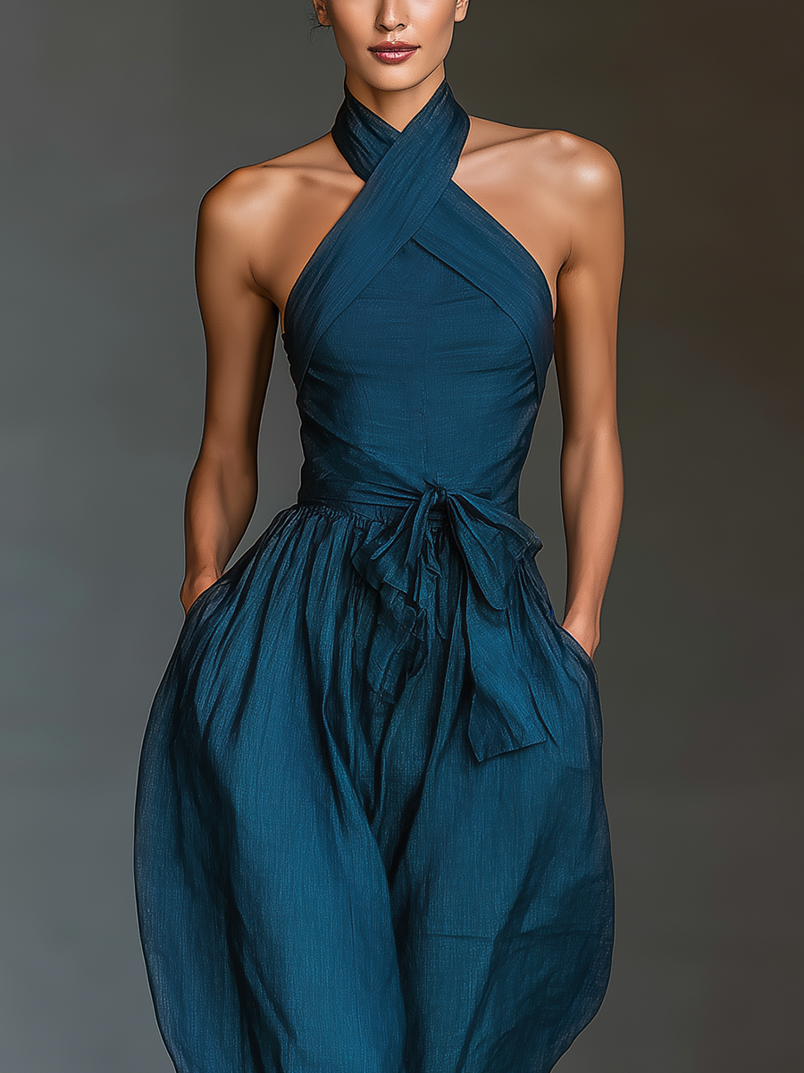 Alghero - Mono de Lino con Cuello Halter Cruzado y Pierna Ancha