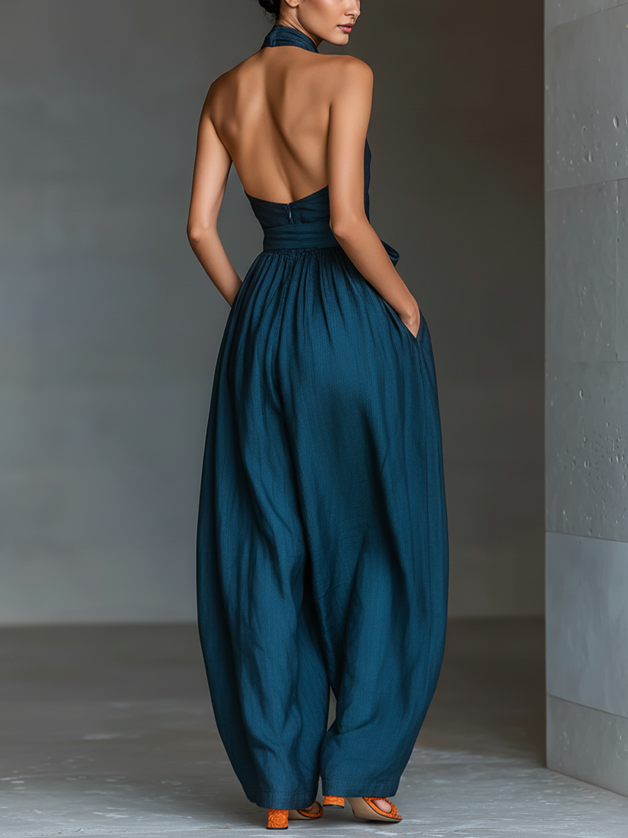 Alghero - Mono de Lino con Cuello Halter Cruzado y Pierna Ancha
