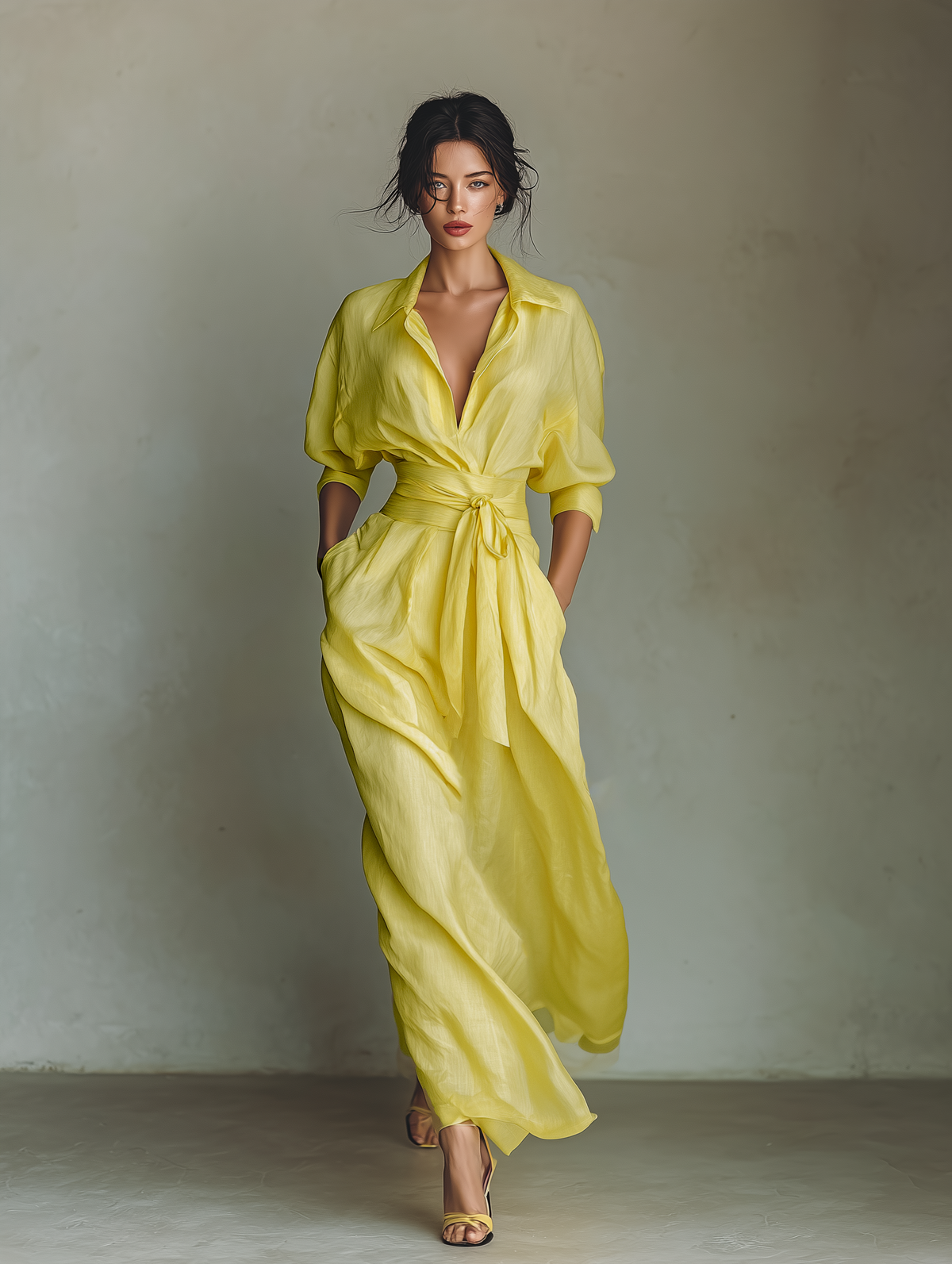 Minori - Vestido Maxi Camisero de Algodón y Lino con Nudo