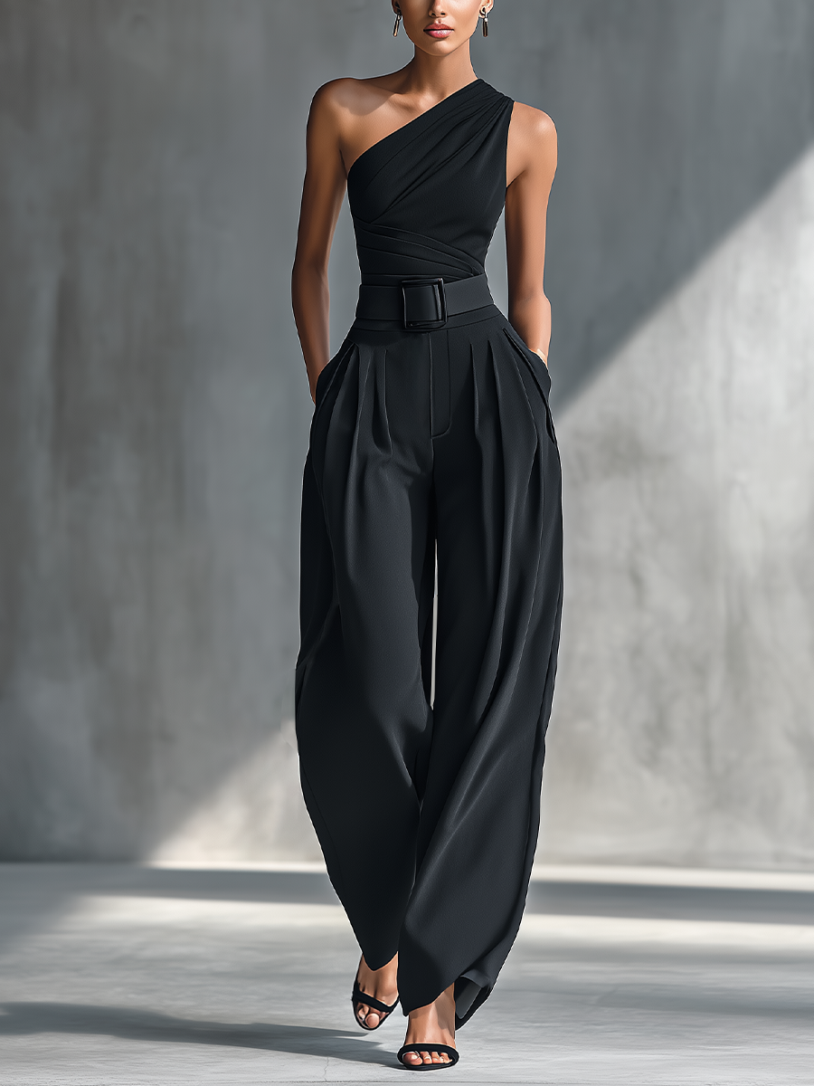 Milano - Conjunto de Top de Punto y Pantalón Ancho en Negro