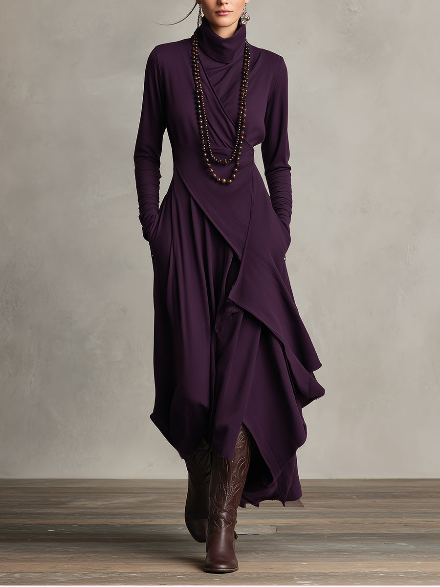 Scanno - Vestido Maxi Bohemio de Cuello Alto con Drapeado Asimétrico