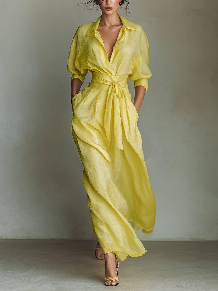 Minori - Vestido Maxi Camisero de Algodón y Lino con Nudo