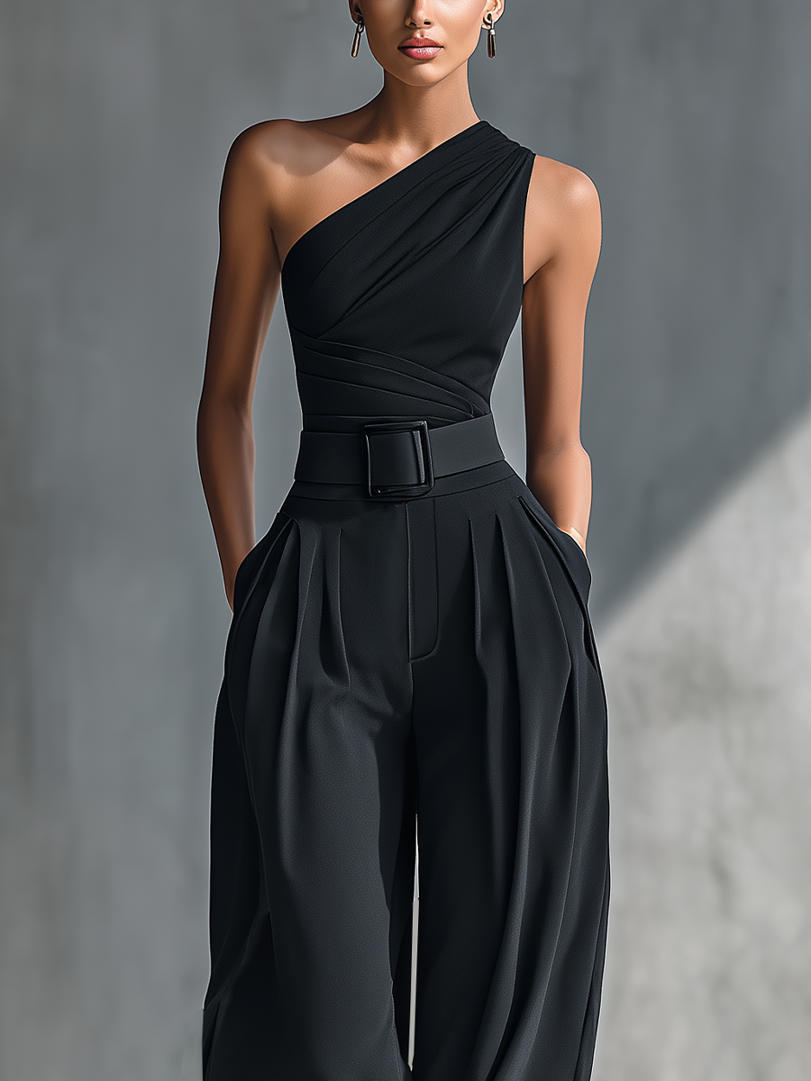 Milano - Conjunto de Top de Punto y Pantalón Ancho en Negro