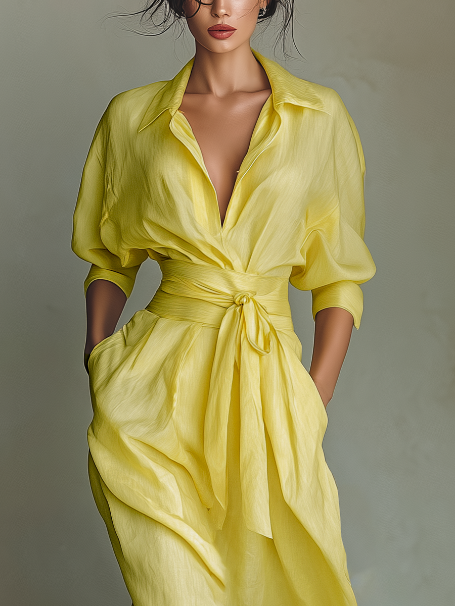 Minori - Vestido Maxi Camisero de Algodón y Lino con Nudo