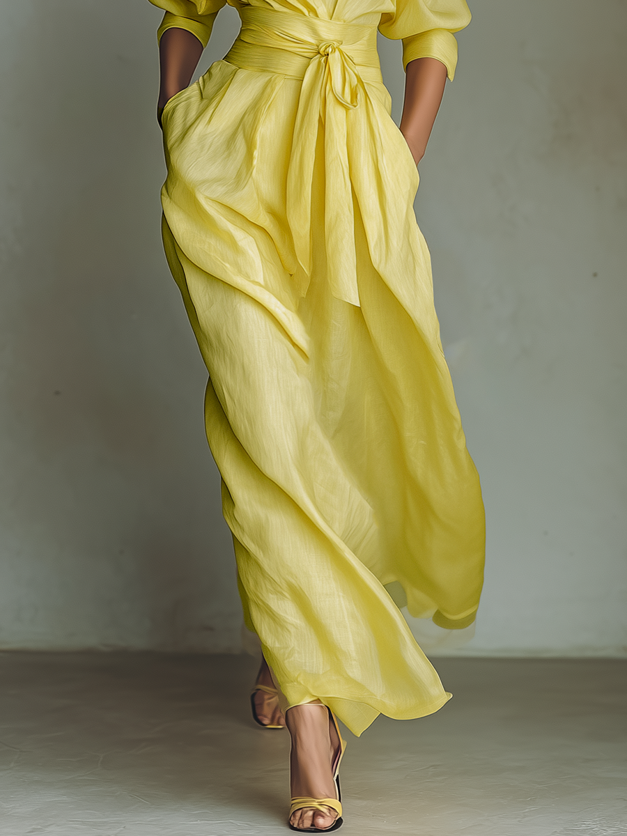 Minori - Vestido Maxi Camisero de Algodón y Lino con Nudo
