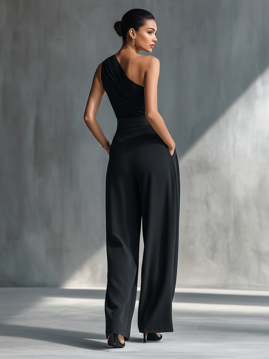 Milano - Conjunto de Top de Punto y Pantalón Ancho en Negro