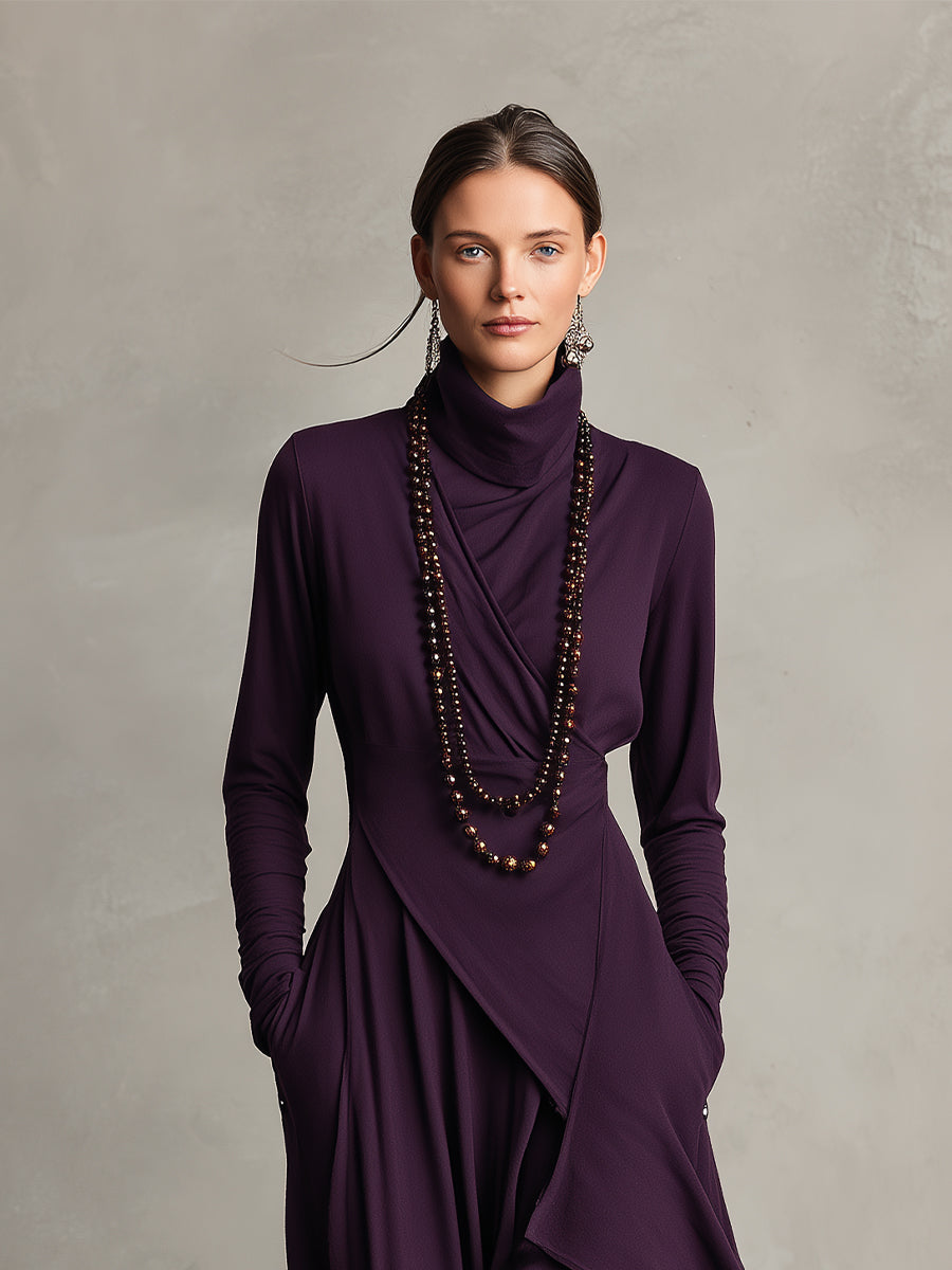 Scanno - Vestido Maxi Bohemio de Cuello Alto con Drapeado Asimétrico