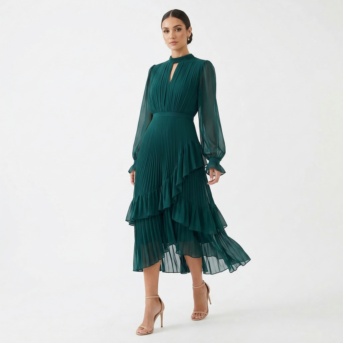Lucca - Vestido Plisado con Mangas Fluidas y Volantes Asimétricos