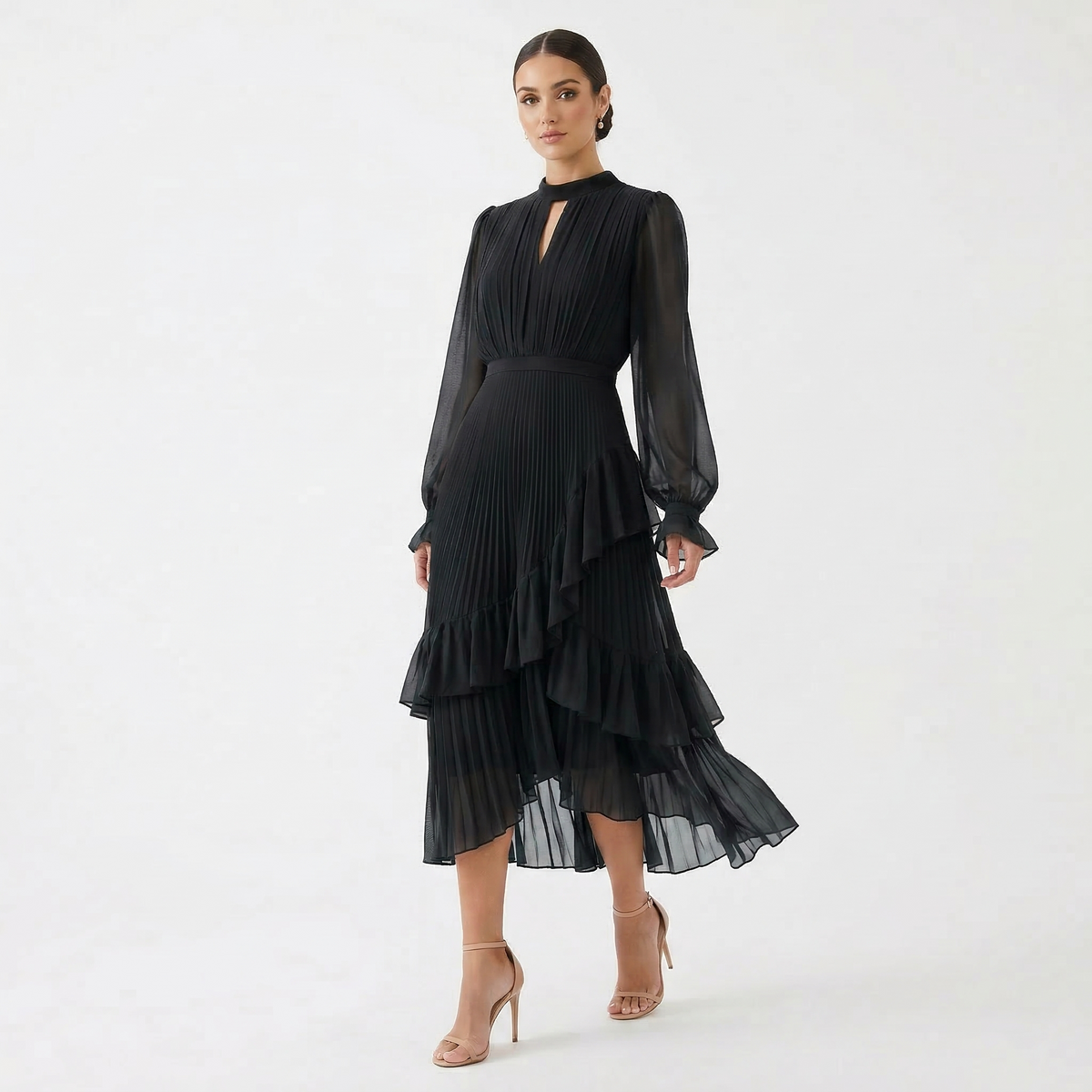 Lucca - Vestido Plisado con Mangas Fluidas y Volantes Asimétricos