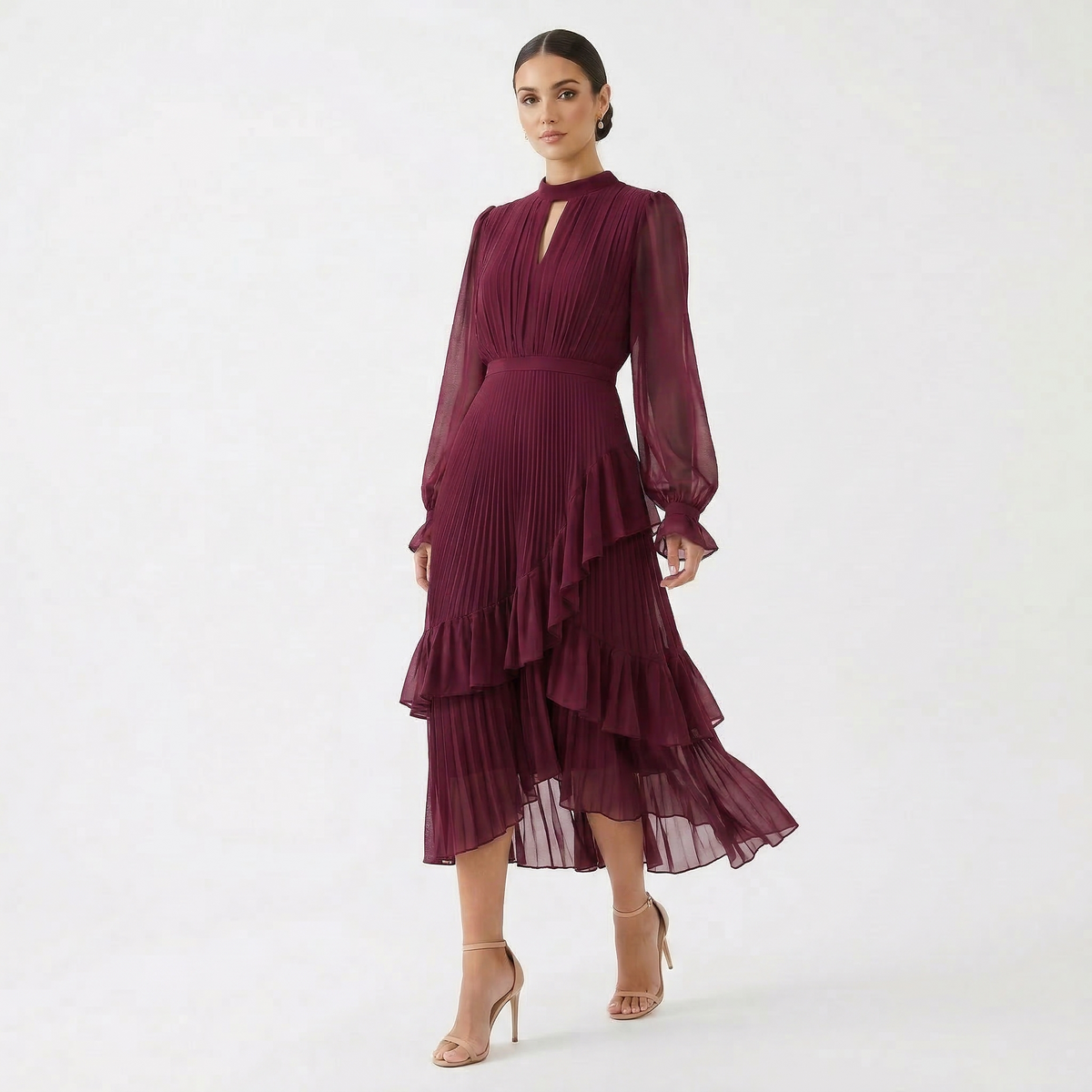 Lucca - Vestido Plisado con Mangas Fluidas y Volantes Asimétricos