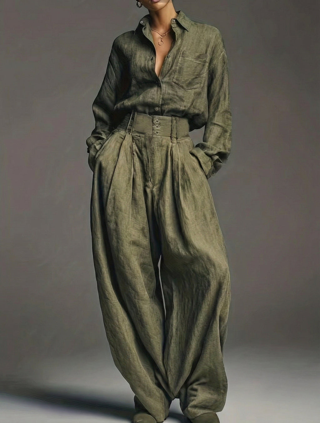 Paestum - Conjunto de Lino en Verde Militar