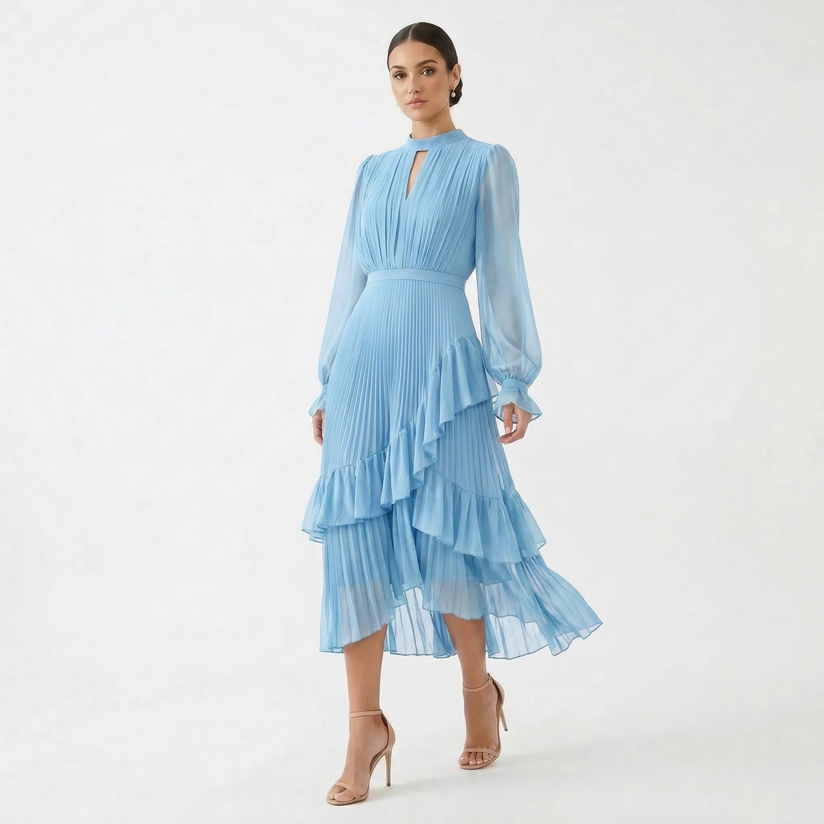 Lucca - Vestido Plisado con Mangas Fluidas y Volantes Asimétricos