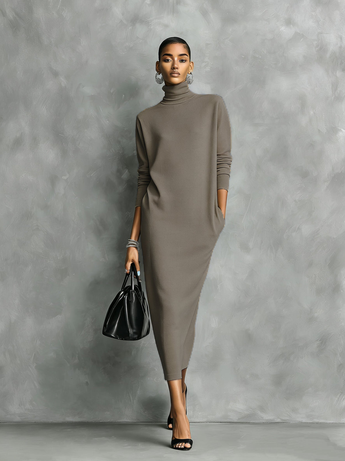 Chiavenna - Vestido Midi de Punto con Cuello Alto y Manga Larga