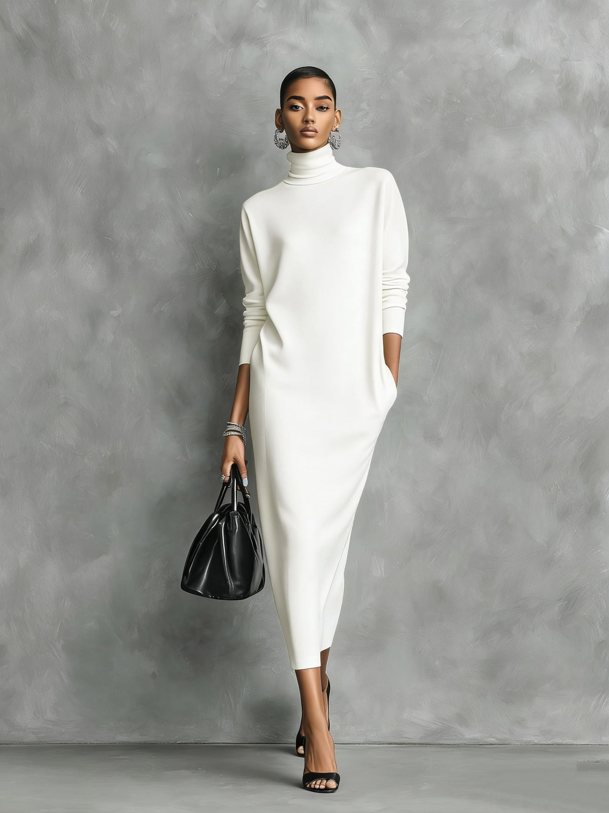 Chiavenna - Vestido Midi de Punto con Cuello Alto y Manga Larga