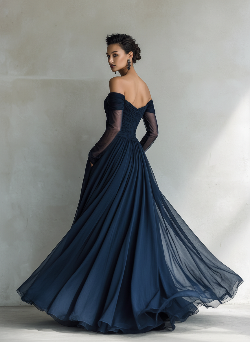 Venezia - Vestido Maxi de Gasa Off-Shoulder con Manga Larga