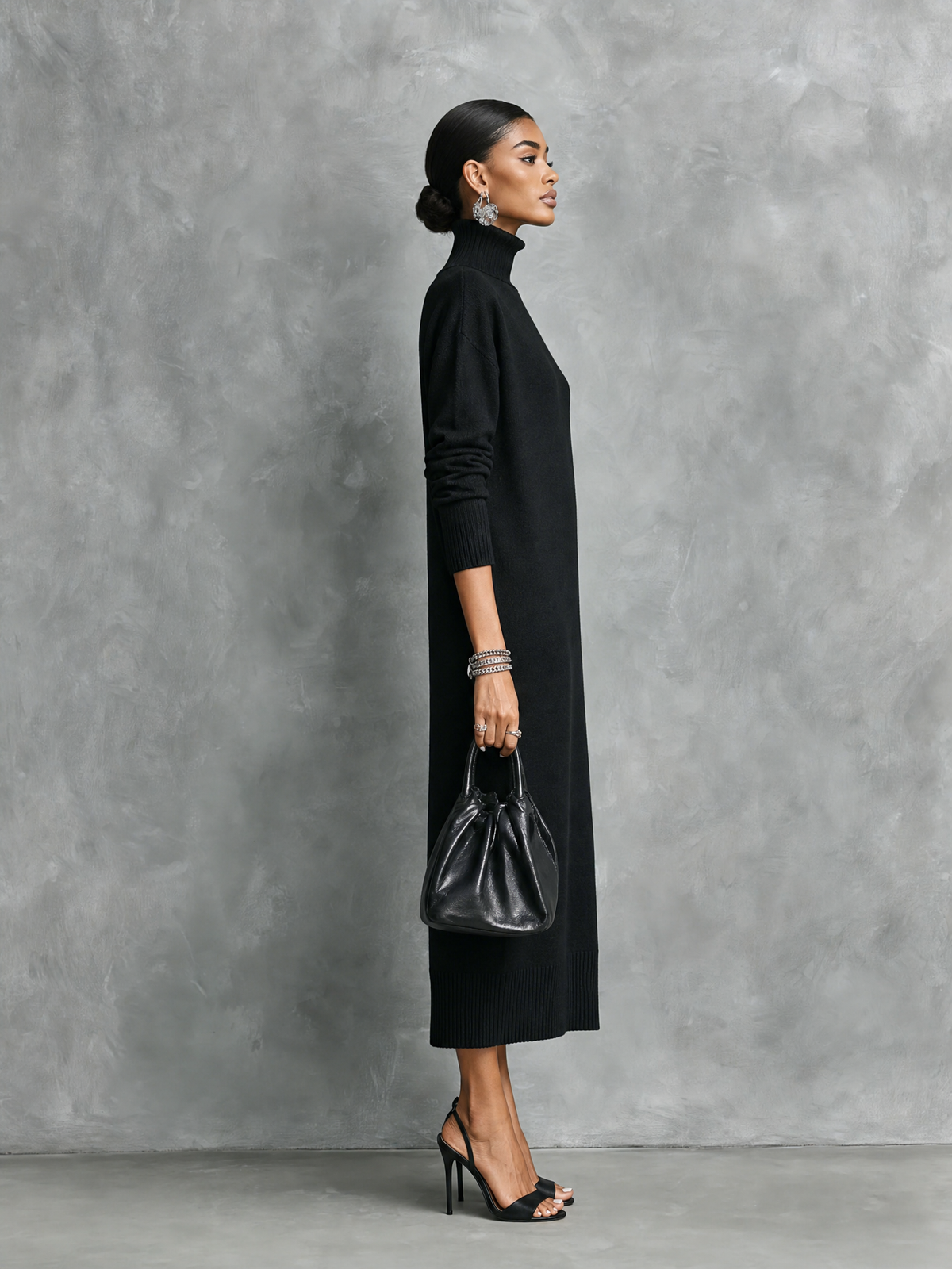 Chiavenna - Vestido Midi de Punto con Cuello Alto y Manga Larga
