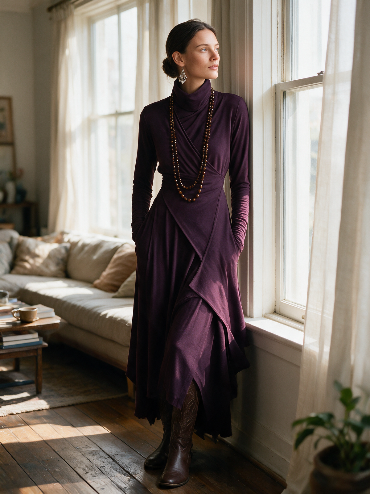 Scanno - Vestido Maxi Bohemio de Cuello Alto con Drapeado Asimétrico