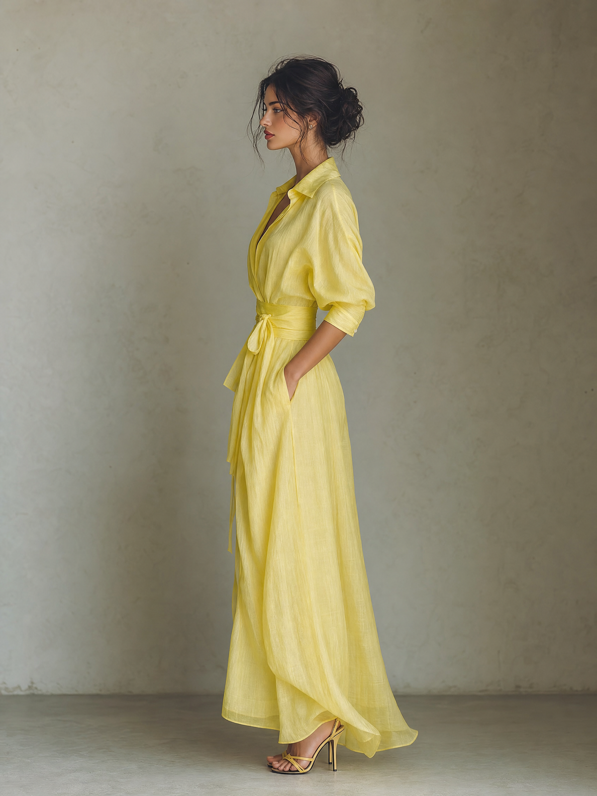 Minori - Vestido Maxi Camisero de Algodón y Lino con Nudo