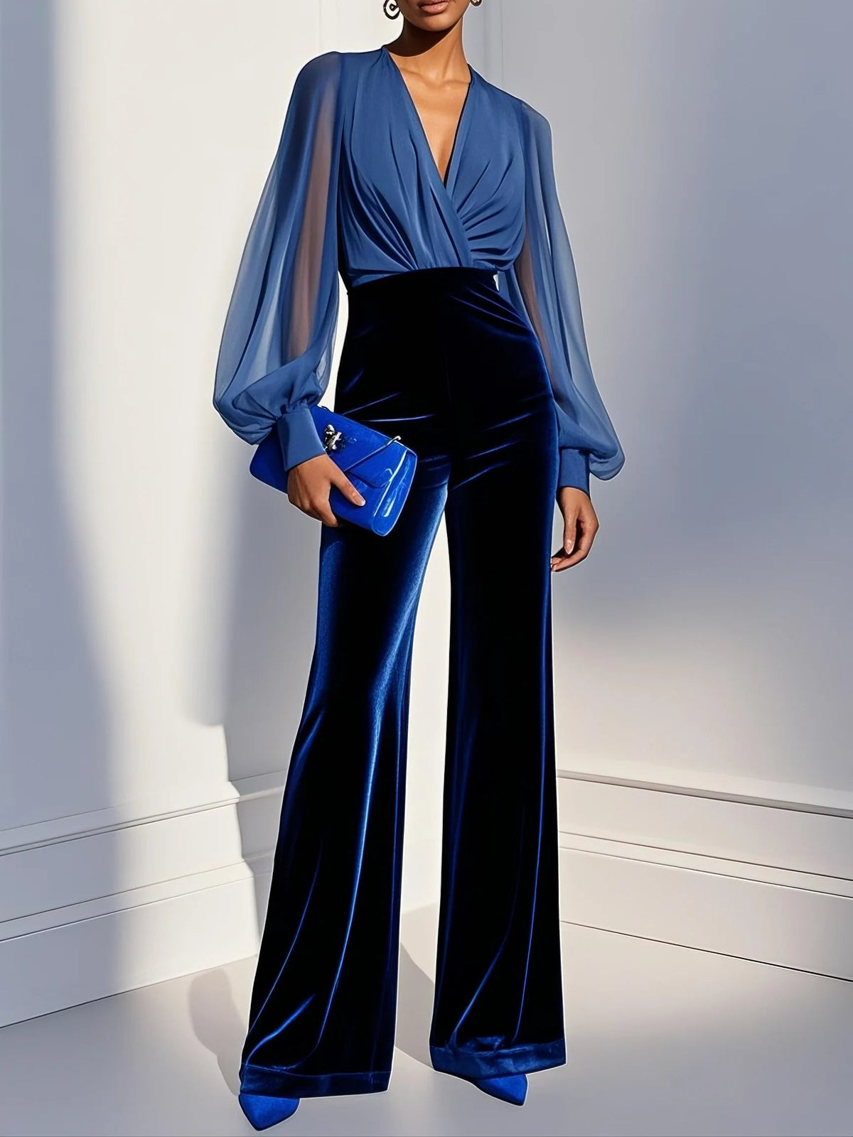 Napoli - Jumpsuit de Terciopelo Azul con Malla