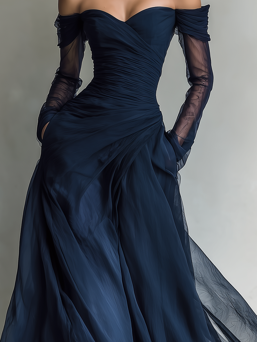 Venezia - Vestido Maxi de Gasa Off-Shoulder con Manga Larga