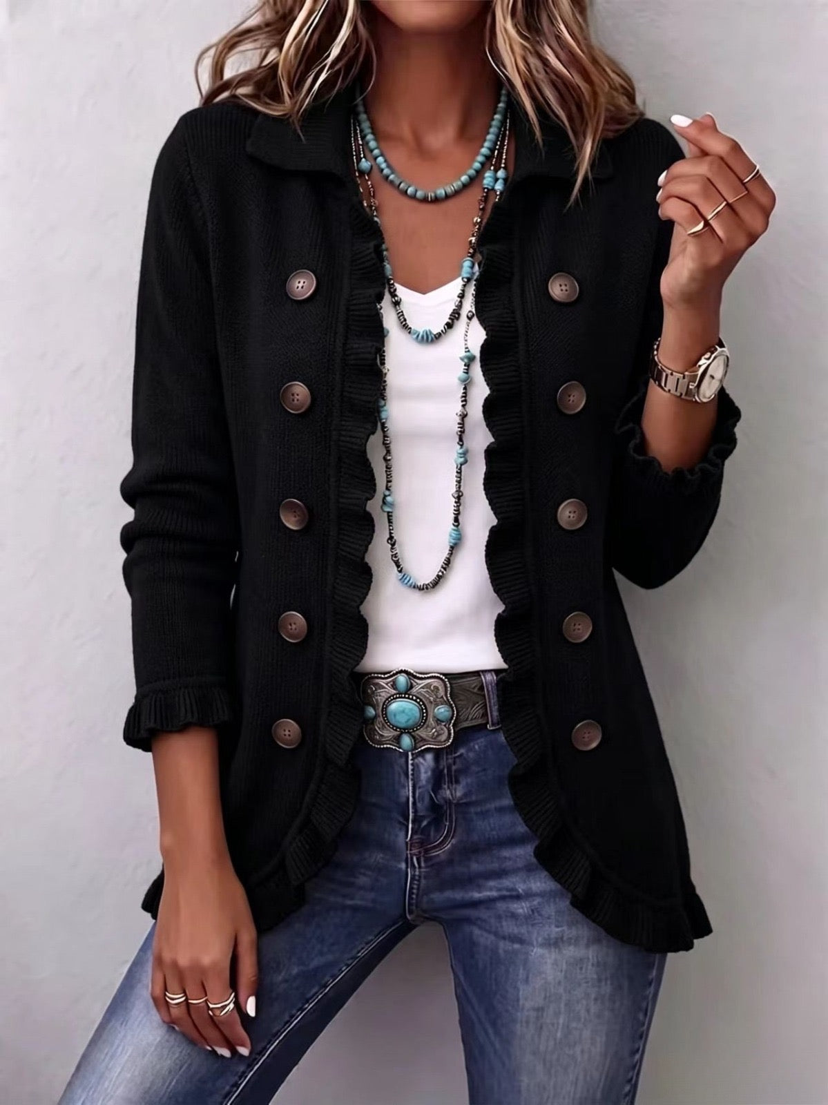 Zaira - Chaqueta de Canalé Negro Intenso con Volantes