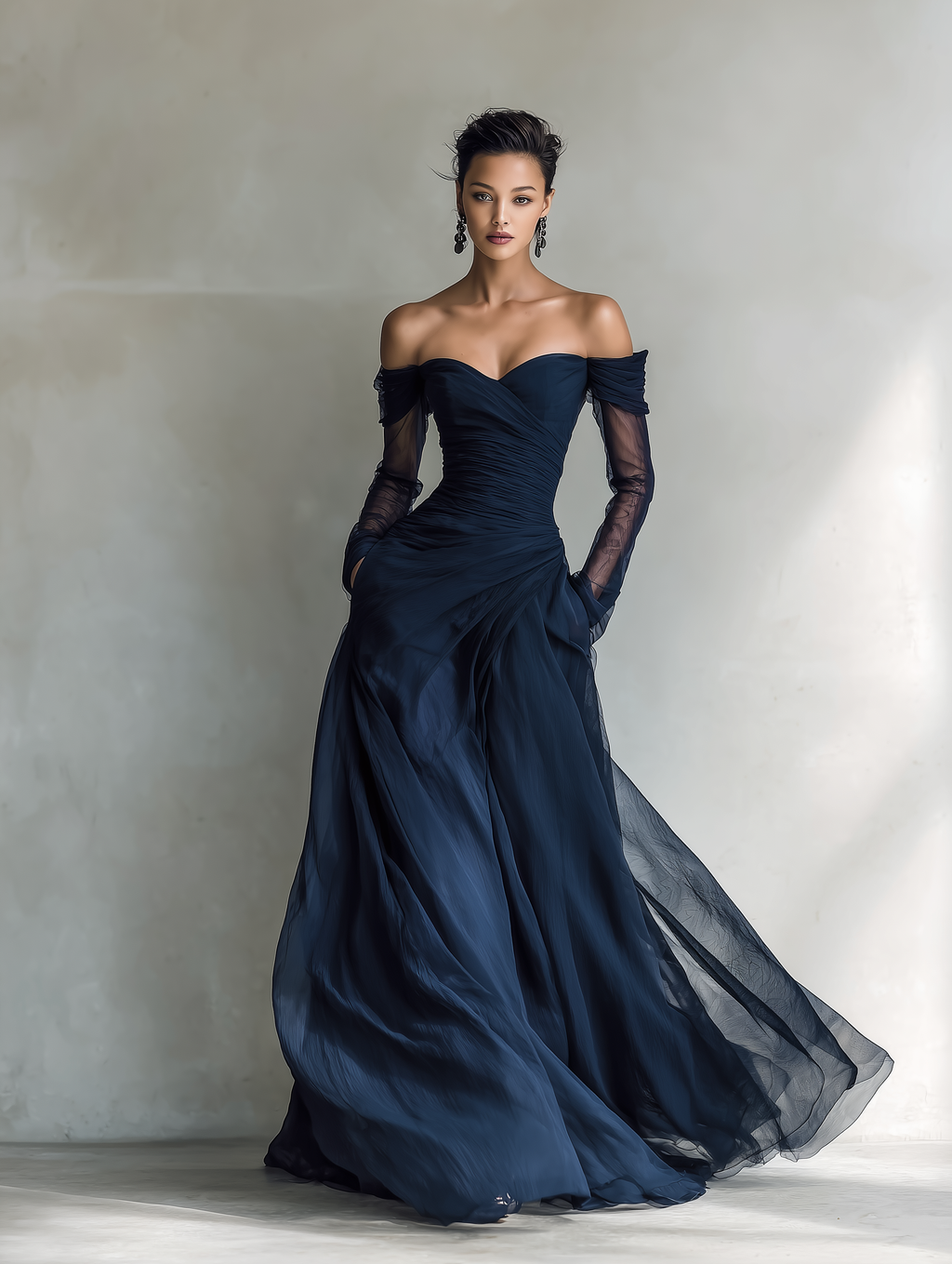 Venezia - Vestido Maxi de Gasa Off-Shoulder con Manga Larga