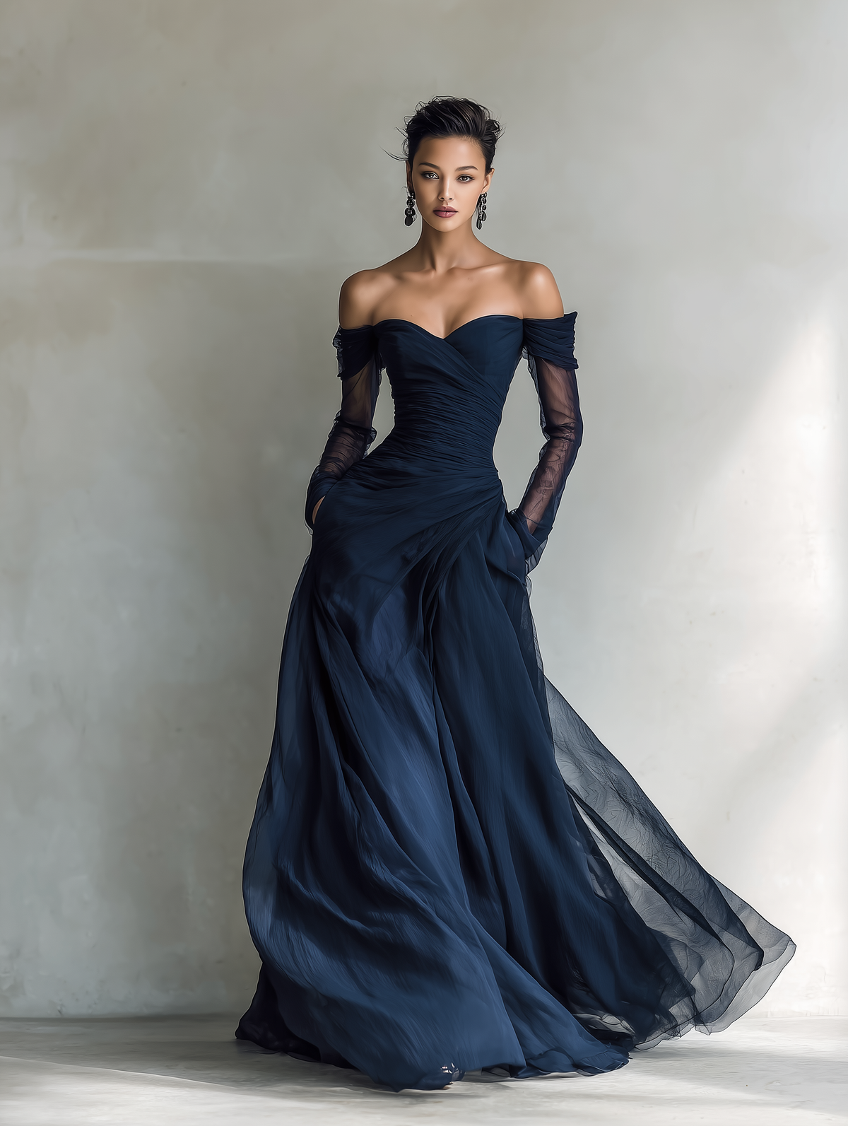 Venezia - Vestido Maxi de Gasa Off-Shoulder con Manga Larga