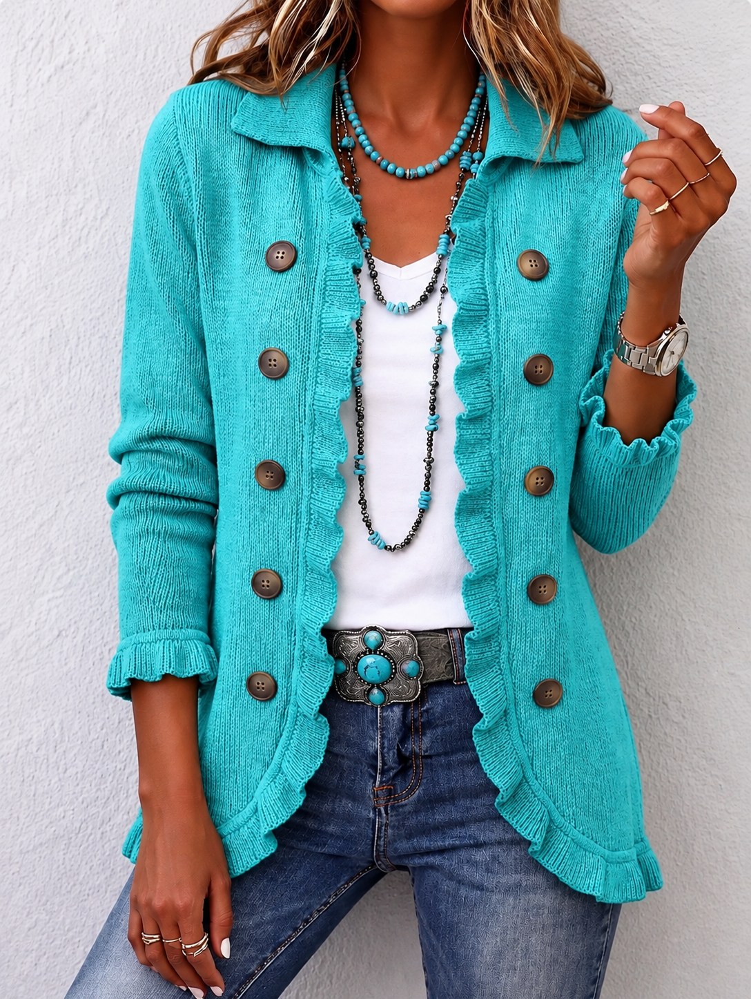 Silvana - Chaqueta de Canalé Turquesa con Volantes