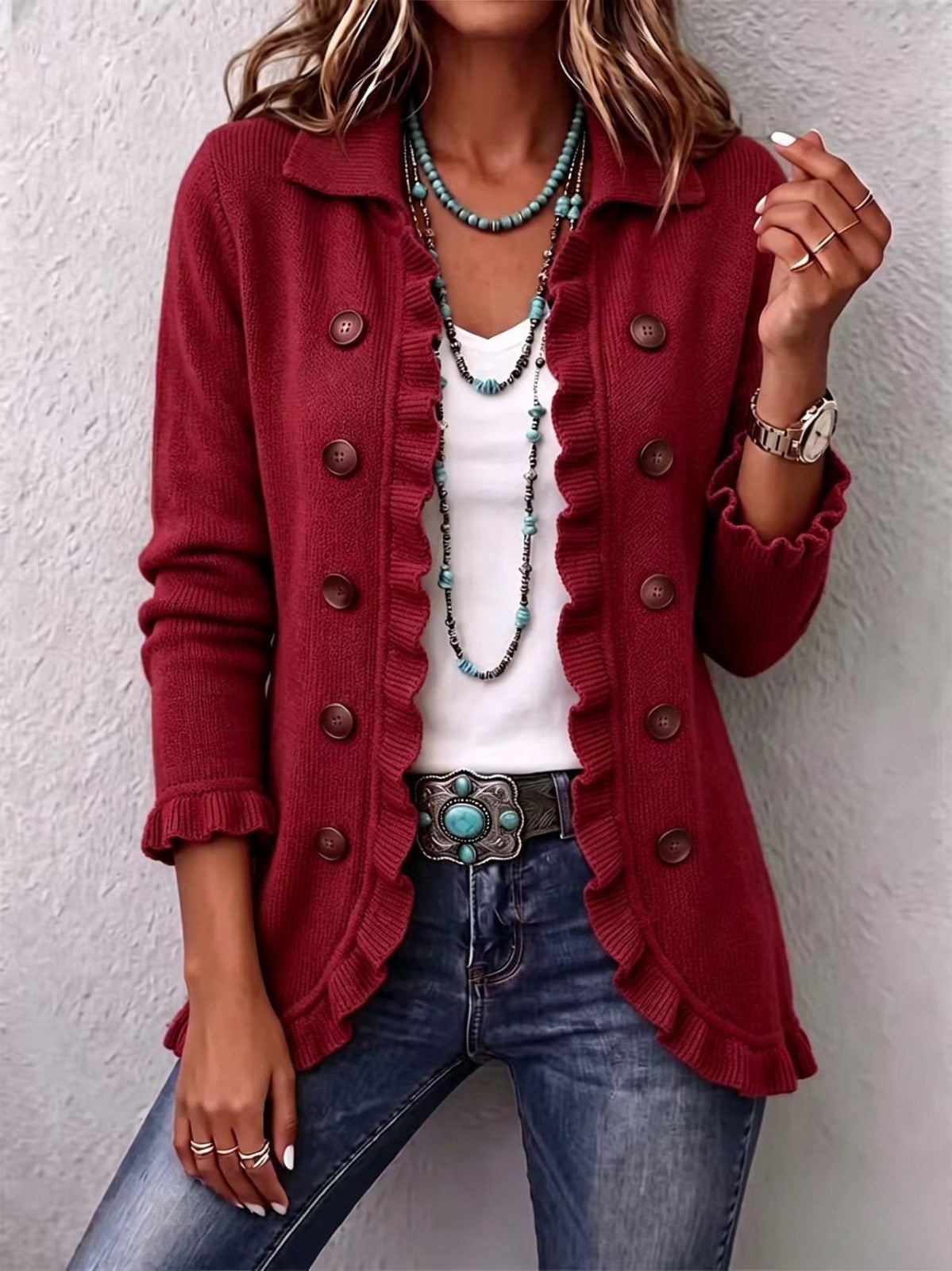 Marta - Chaqueta de Canalé Rojo Rubí con Volantes