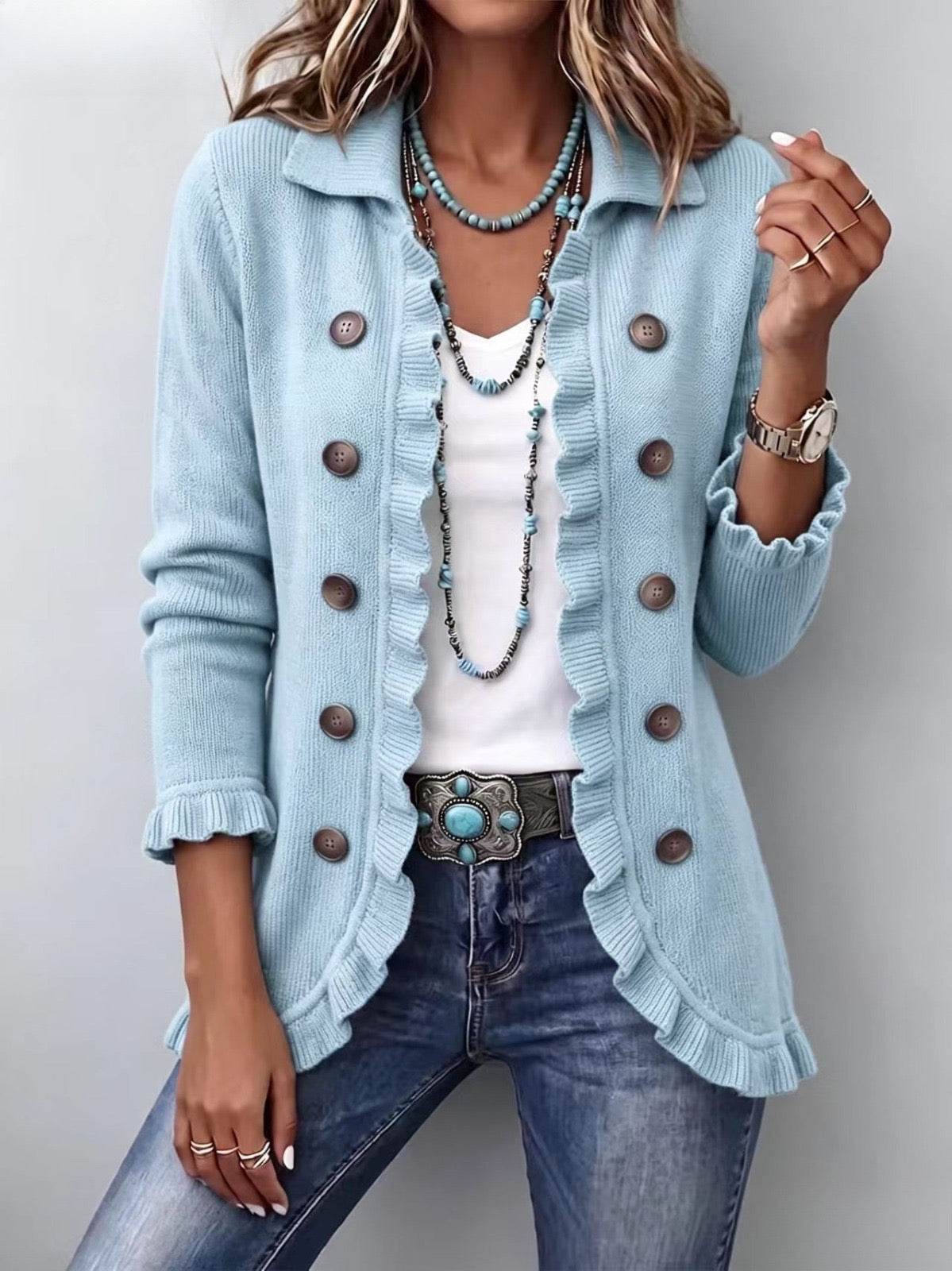 Perla - Chaqueta de Canalé Azul Empolvado con Volantes