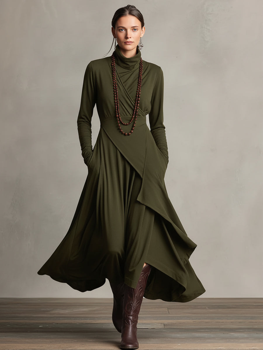Scanno - Vestido Maxi Bohemio de Cuello Alto con Drapeado Asimétrico