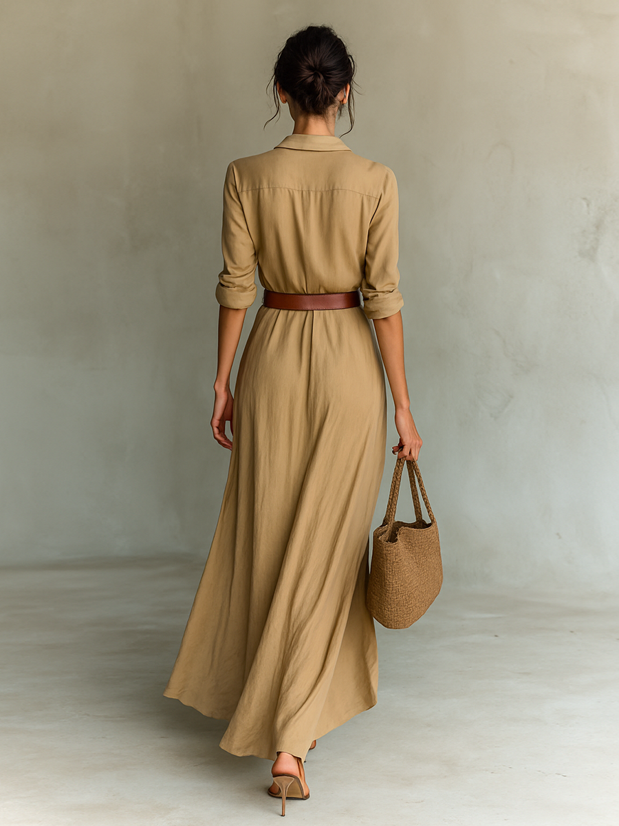 Bolzano - Vestido Largo de Manga Larga con Solapa y Cinturón