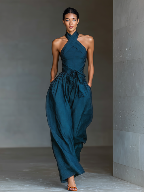 Alghero - Mono de Lino con Cuello Halter Cruzado y Pierna Ancha