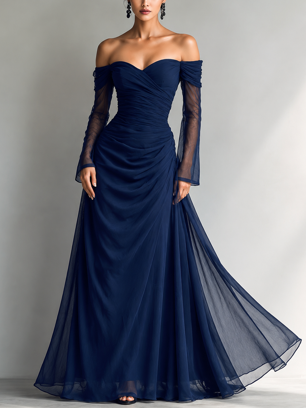 Venezia - Vestido Maxi de Gasa Off-Shoulder con Manga Larga