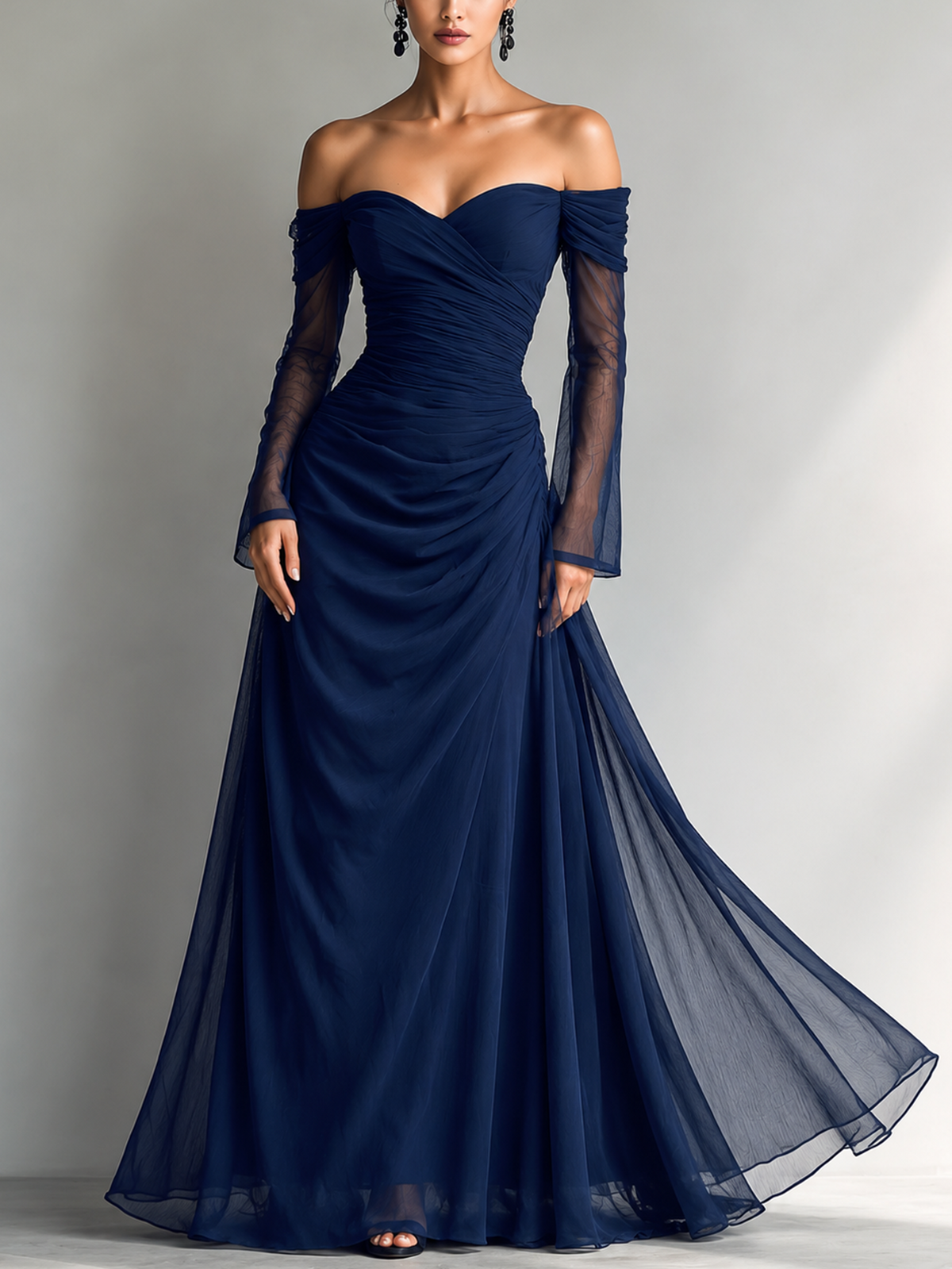 Venezia - Vestido Maxi de Gasa Off-Shoulder con Manga Larga