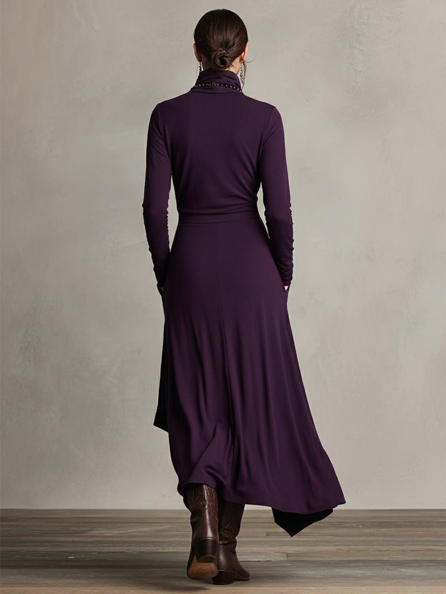 Scanno - Vestido Maxi Bohemio de Cuello Alto con Drapeado Asimétrico
