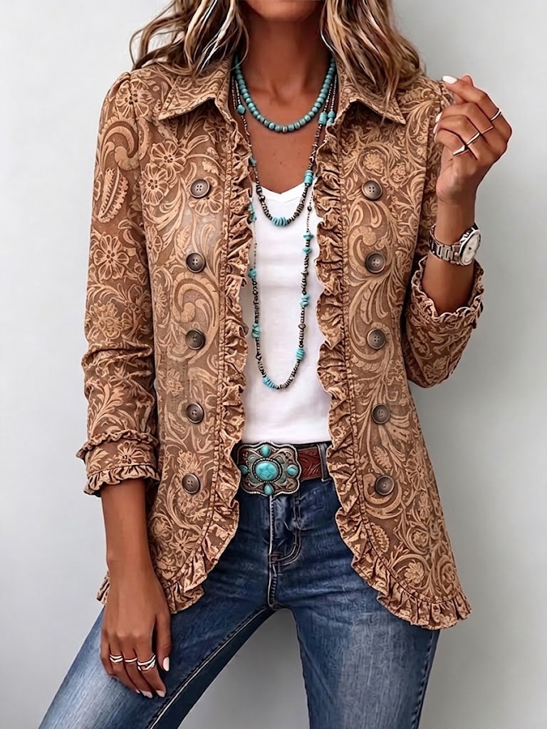 Noemi - Chaqueta Bohemia Floral Vintage Marrón con Volantes
