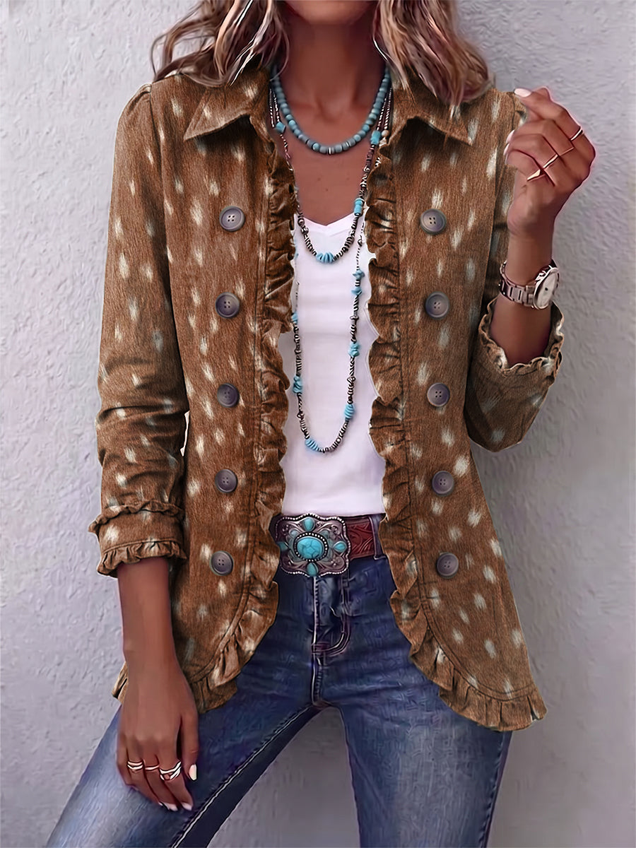 Elena - Chaqueta Bohemia Estampado Animal Marrón con Volantes