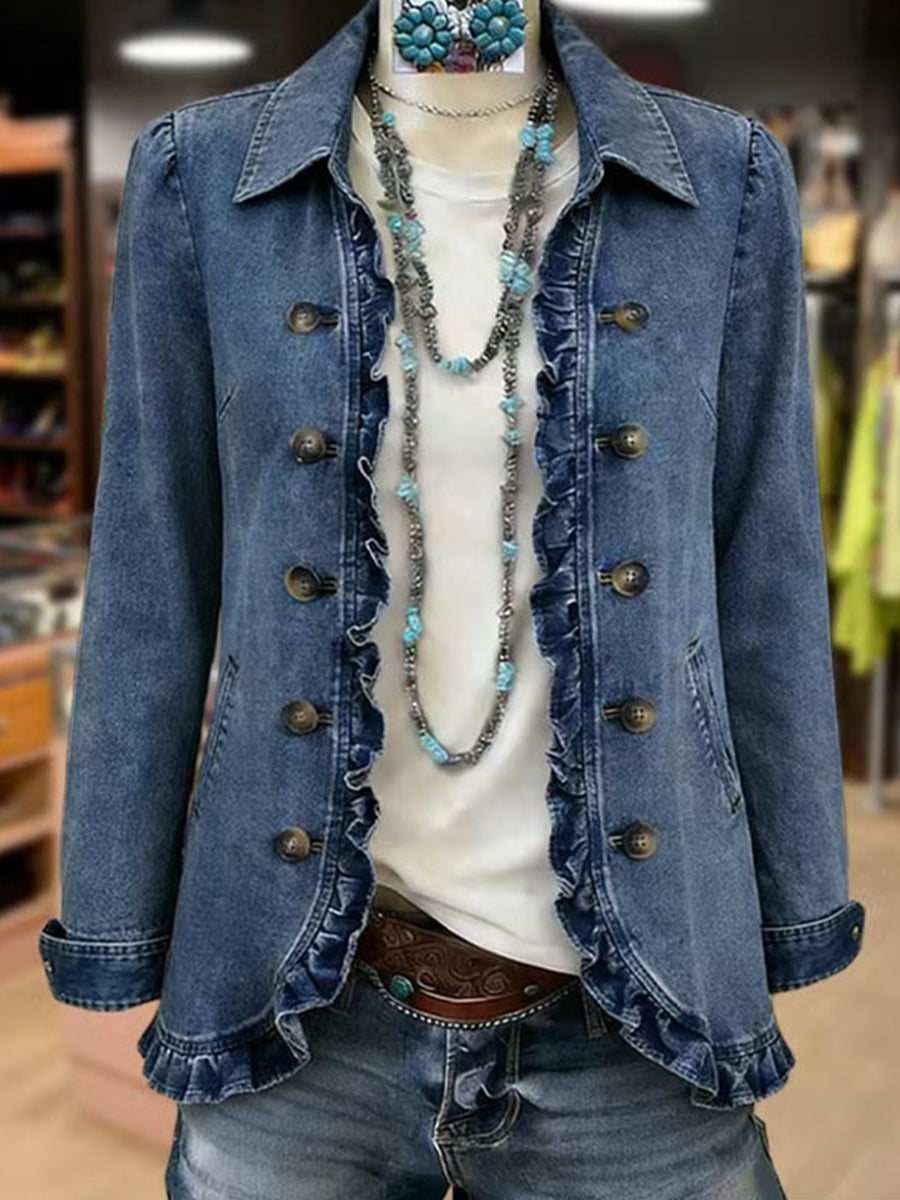 Federica - Chaqueta Azul Medio con Volantes