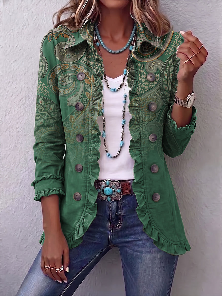 Costanza - Chaqueta Bohemia Paisley Verde con Volantes