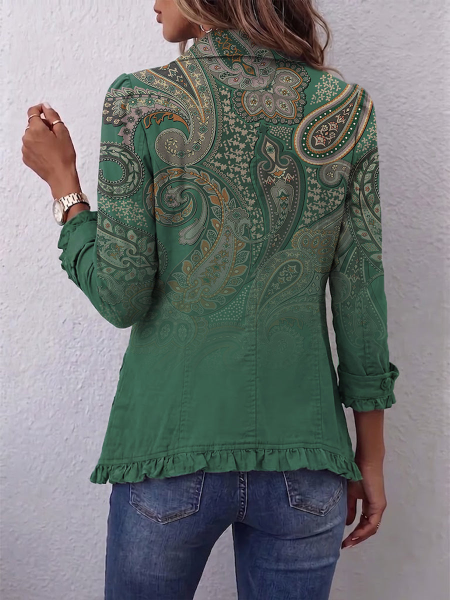 Costanza - Chaqueta Bohemia Paisley Verde con Volantes