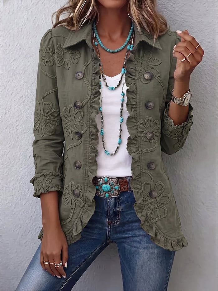 Alessandra - Chaqueta Bohemia Bordada de Flores Verde Retro con Volantes