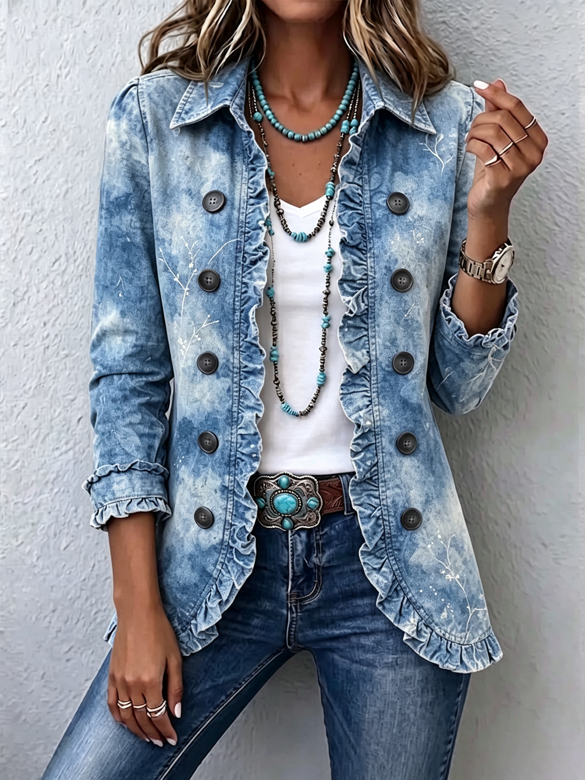 Ginevra - Chaqueta Bohemia Botánica Vintage Degradada Azul con Volantes
