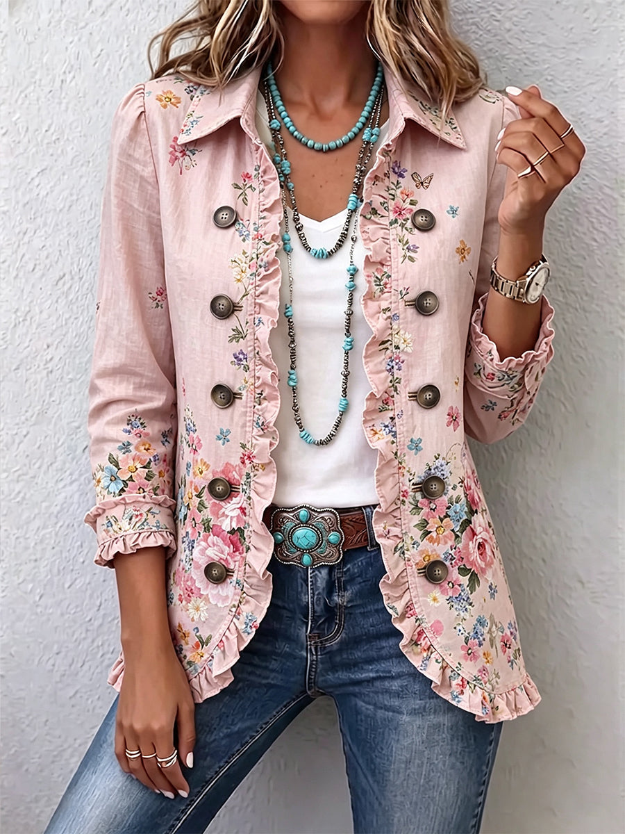 Martina - Chaqueta Floral Rosa con Volantes y Botones