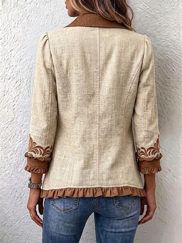 Ottavia - Chaqueta Bohemia Floral Vintage Camel y Marrón con Volantes